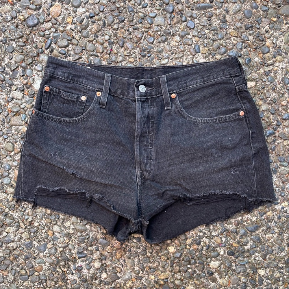 Levi’s 501 Black Ripped Cutoff Button Front Denim Shorts